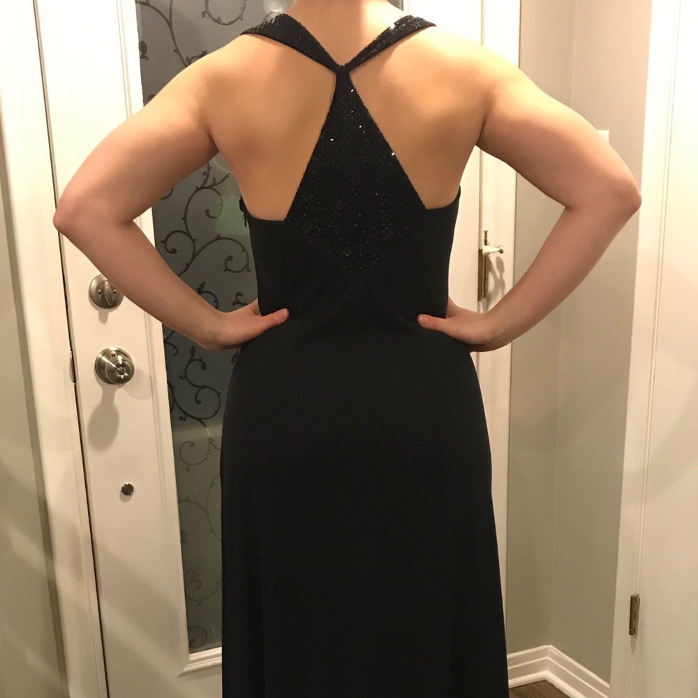 Formal black dress with sequin straps